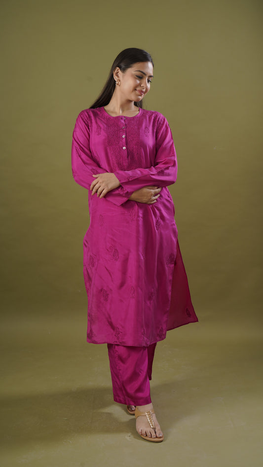 Plain Purple Ladies Long Kurta & Pajama in 100% Pure Silk – Elegant & Timeless