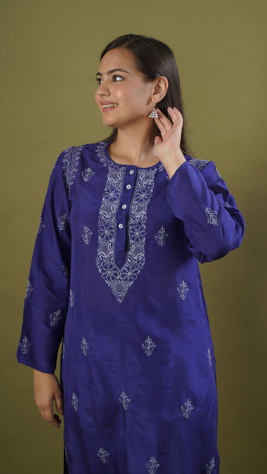Elegant Plain Blue Silk Ladies Long Kurta & Pajama Set