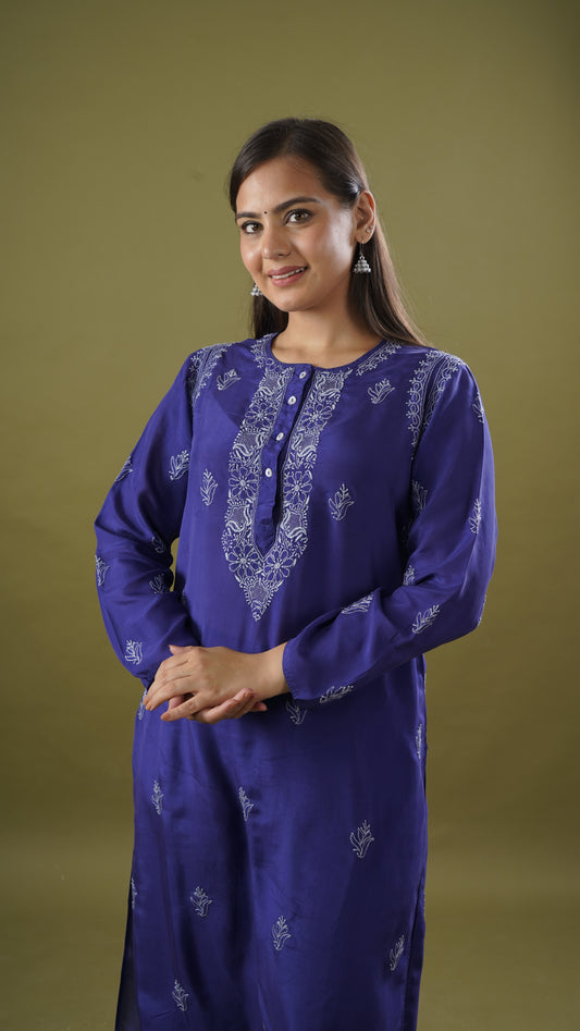 Elegant Plain Blue Silk Ladies Long Kurta & Pajama Set