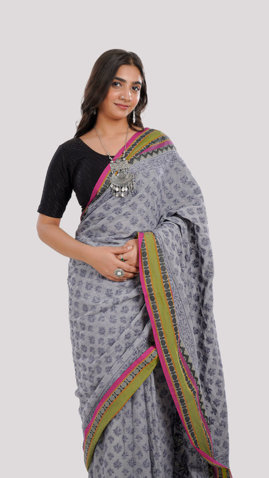 Ladies Saree Light Grey – Lightweight, Soft & Breathable | 100% Pure Cotton