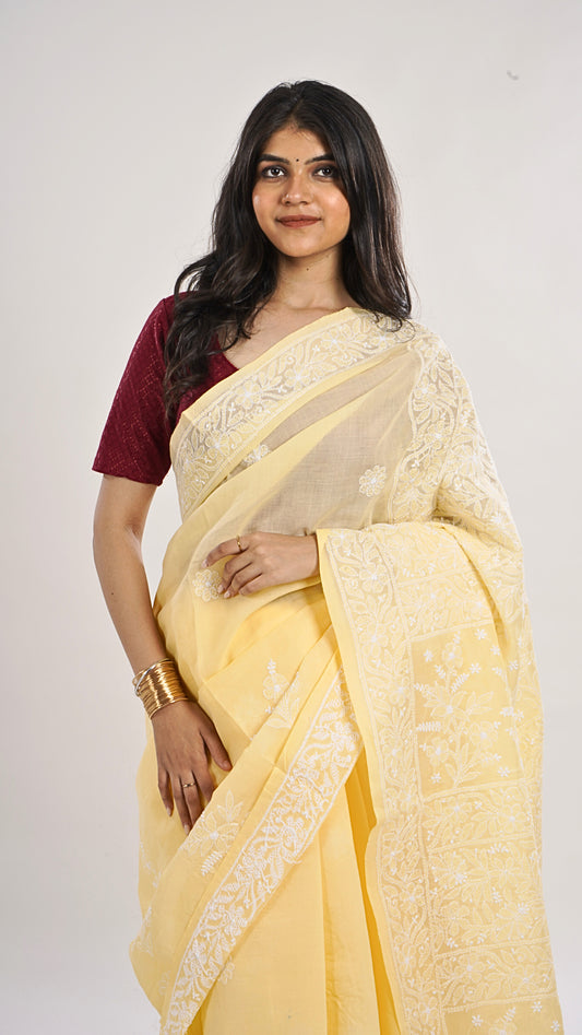 Elegant Yellow Plain Blended Cotton Saree with Chikankari Embroidery