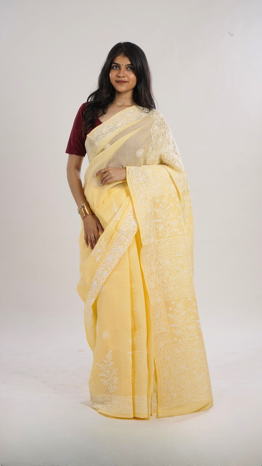 Elegant Yellow Plain Blended Cotton Saree with Chikankari Embroidery