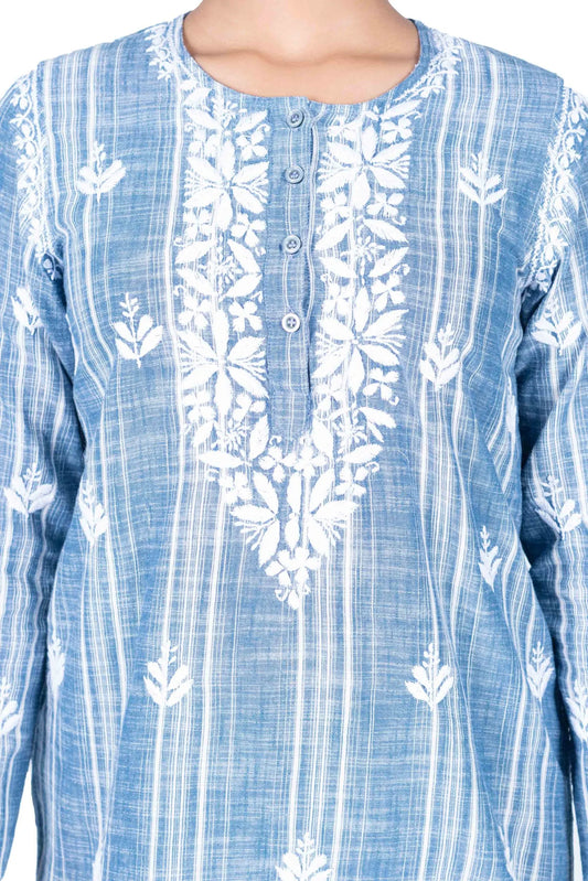 Marble Blue Striped Women's Short Top – 100% Cotton (LBT)