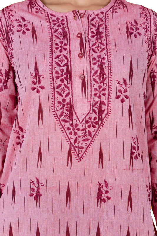 Cotton Women’s Long Kurta – Ikat Print Carnation Pink.