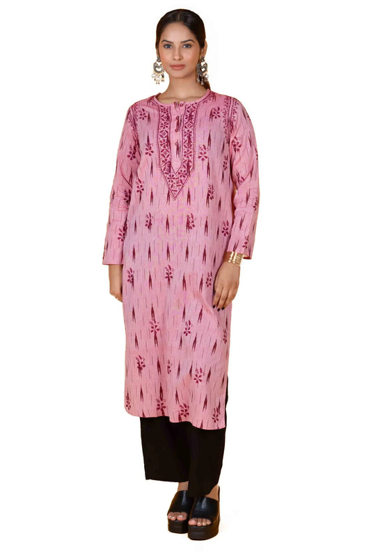 Cotton Women’s Long Kurta – Ikat Print Carnation Pink.