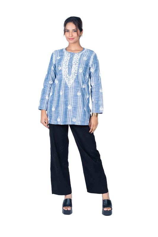 Marble Blue Striped Women's Short Top – 100% Cotton (LBT)