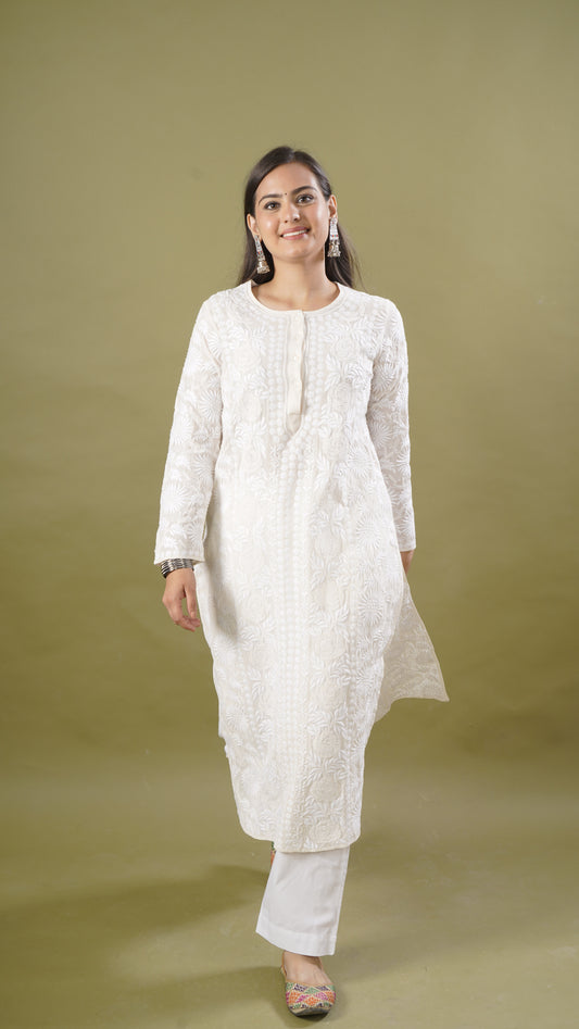 Ladies Long Kurta – Plain, 100% Silk Georgette | Chikankari Style