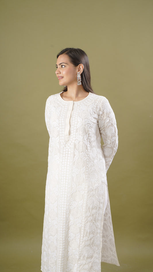 Ladies Long Kurta – Plain, 100% Silk Georgette | Chikankari Style