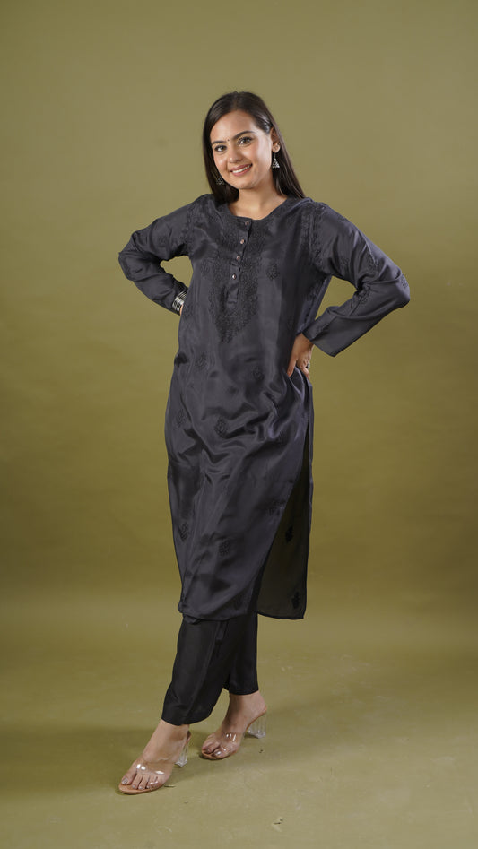 Classic Black 100% Silk Ladies Long Kurta & Pajama Set