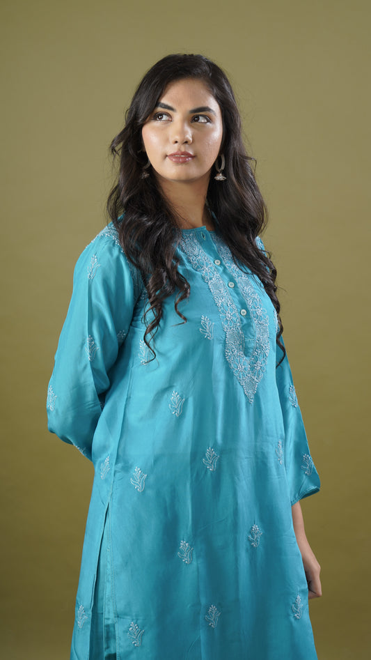 Royal Blue Silk Ladies Long Kurta & Pajama Set – Timeless Elegance