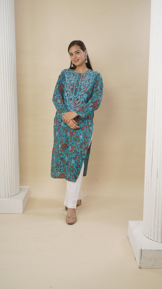 Ladies Long Kurta – Printed, 100% Silk Crepe, Chikankari Style