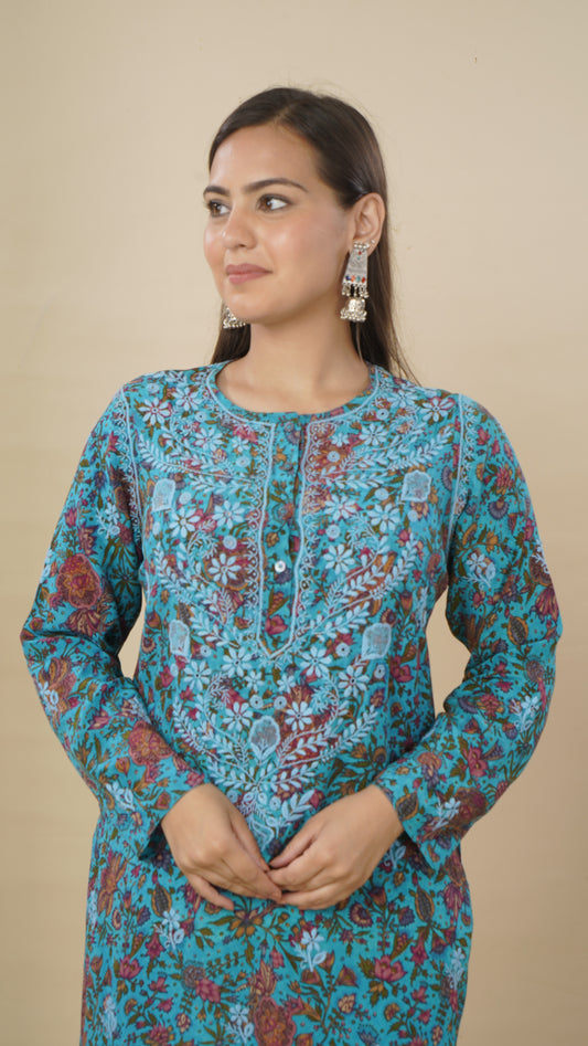 Ladies Long Kurta – Printed, 100% Silk Crepe, Chikankari Style