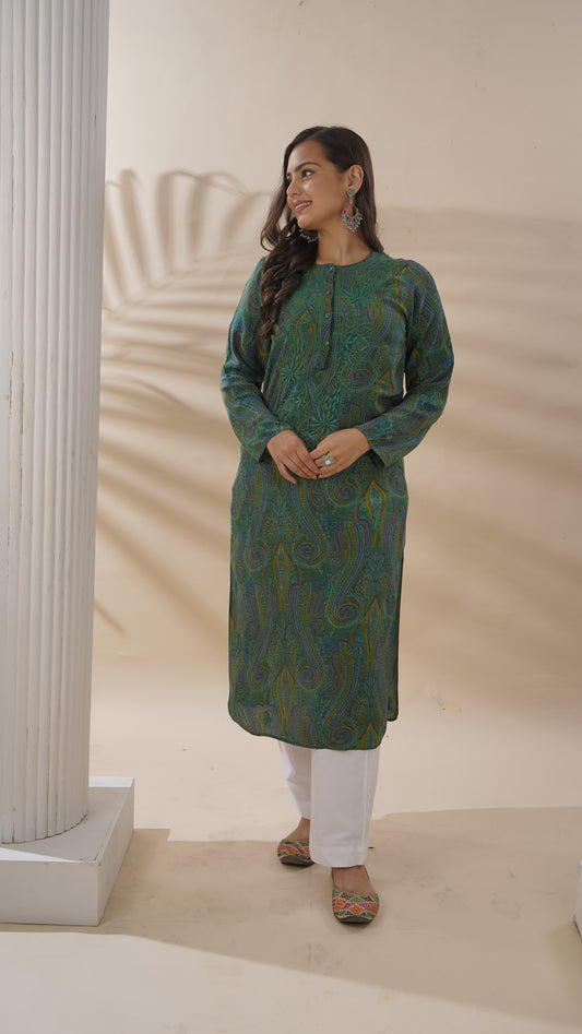 Ladies Long Kurta – 100% Silk Crepe, Printed Chikankari Style