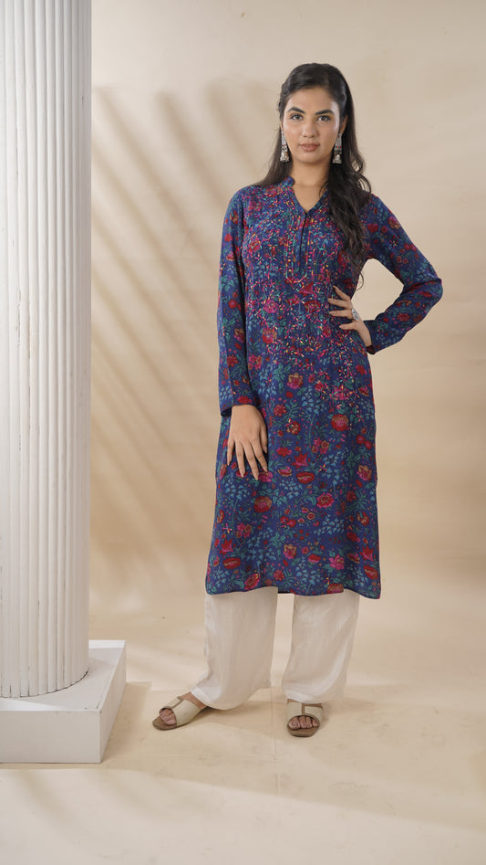 Ladies Long Kurta – Printed SR-15, 100% Silk Crepe | Chikankari Style