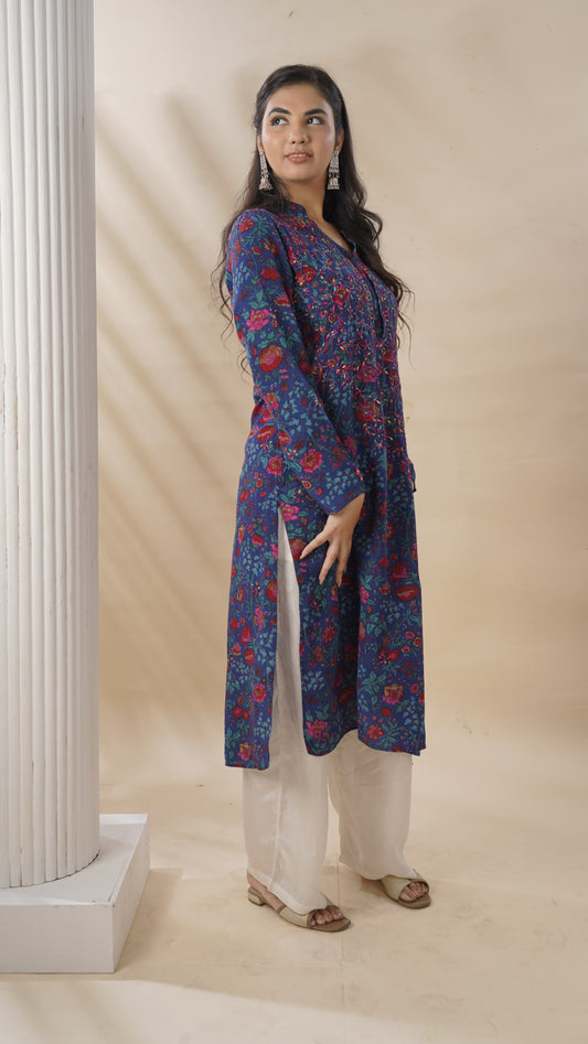 Ladies Long Kurta – Printed SR-15, 100% Silk Crepe | Chikankari Style
