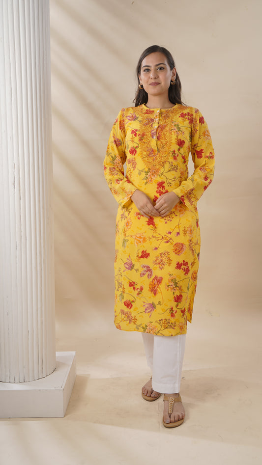Ladies Long Kurta – 100% Silk Crepe, Printed Chikankari Style
