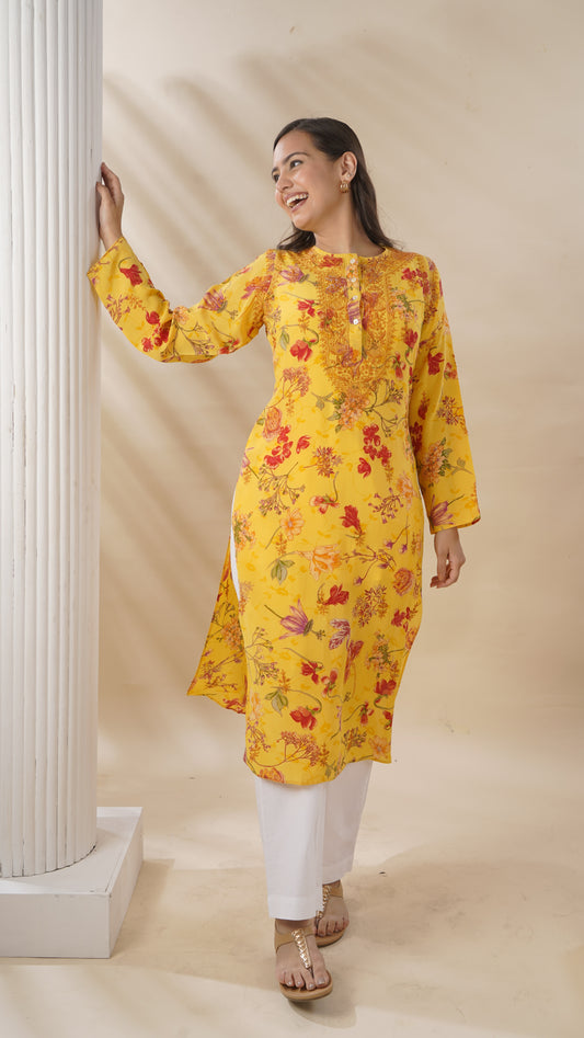 Ladies Long Kurta – 100% Silk Crepe, Printed Chikankari Style