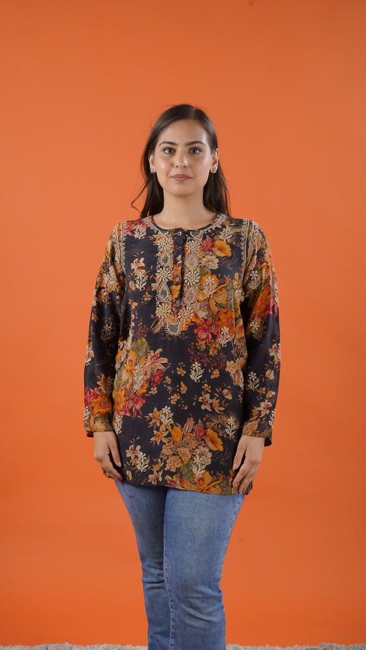 Ladies Long Kurta – Printed, 100% Silk Crepe | Chikankari Style
