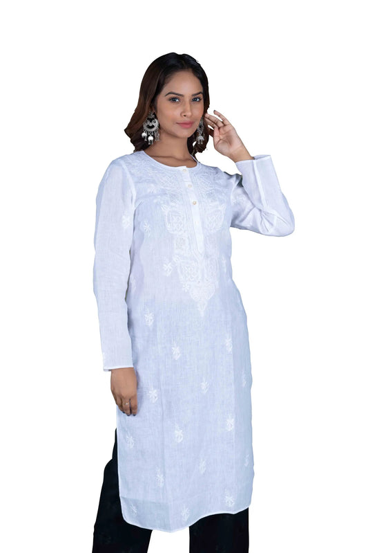 White Pure Linen Women's Long Kurta – 100% Linen