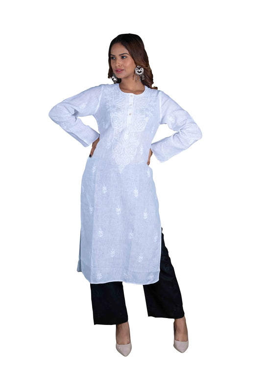 White Pure Linen Women's Long Kurta – 100% Linen