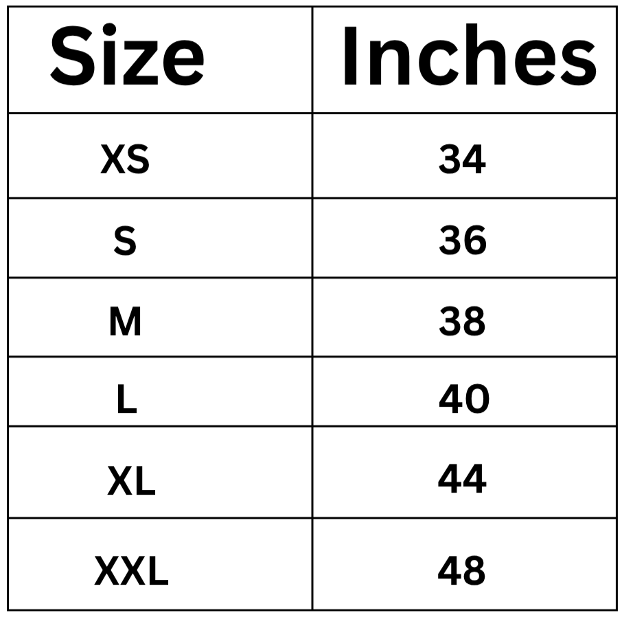 Table showing size chart in inches with XS to XXL
