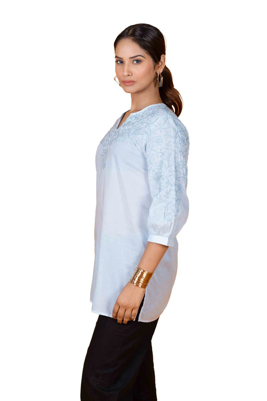 Pearl White V-Slaped Women's Short Top – 100% Cotton