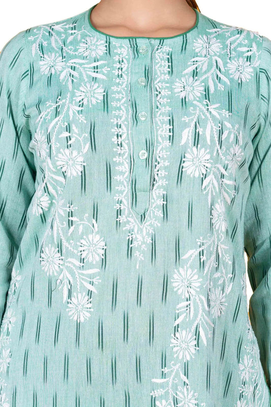 Sea Green Ikat Print Women's Long Kurta – 100% Cotton (LBT)