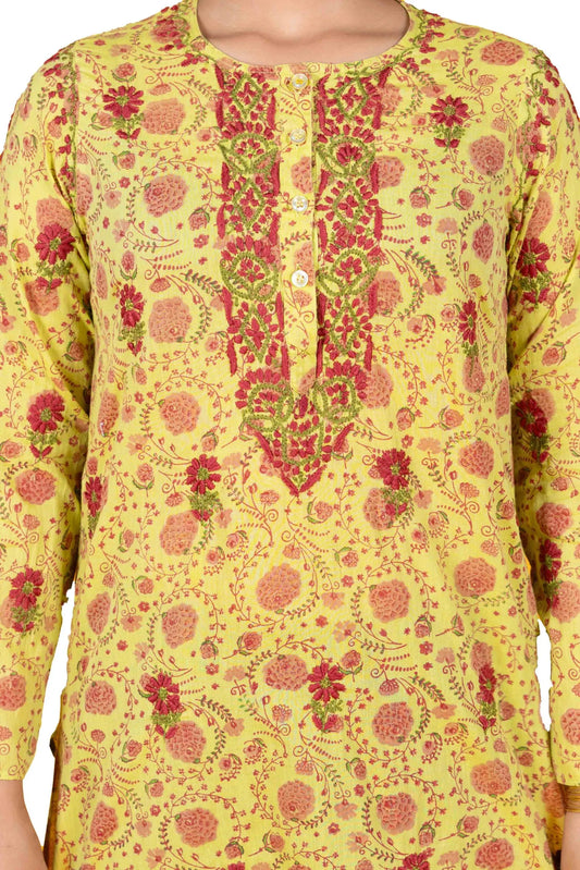 Corn Yellow Printed Women's Long Kurta – 100% Cotton