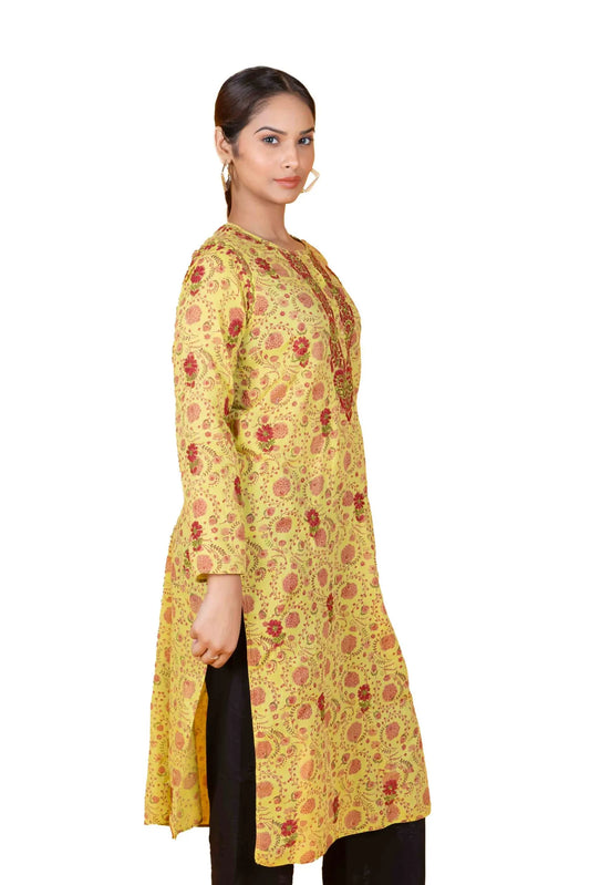 Corn Yellow Printed Women's Long Kurta – 100% Cotton