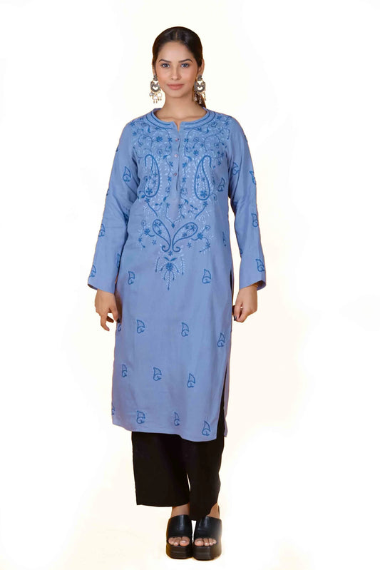 Pure Linen Women’s Long Kurta – Blue Gray Shade