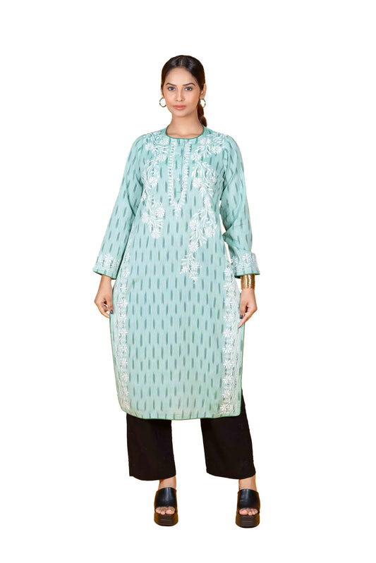 Sea Green Ikat Print Women's Long Kurta – 100% Cotton (LBT)