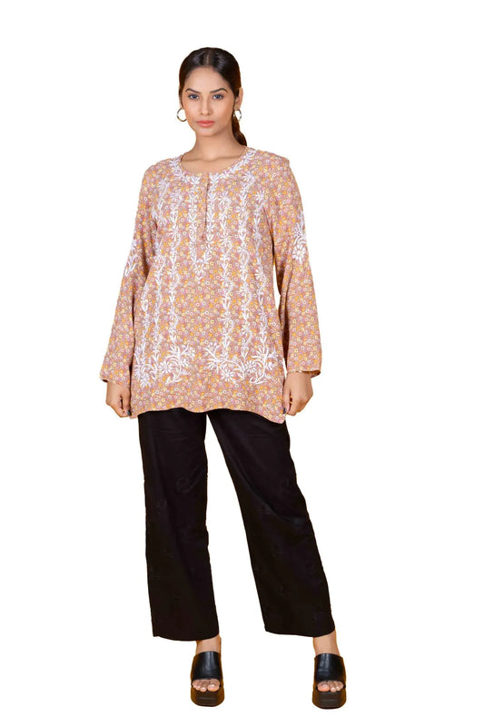Chestnut Red Printed Modal Cotton Women's Short Top