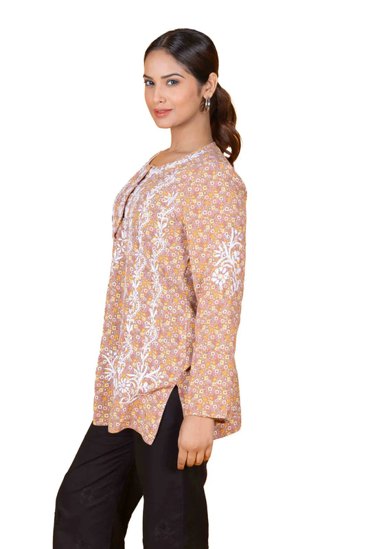 Chestnut Red Printed Modal Cotton Women's Short Top