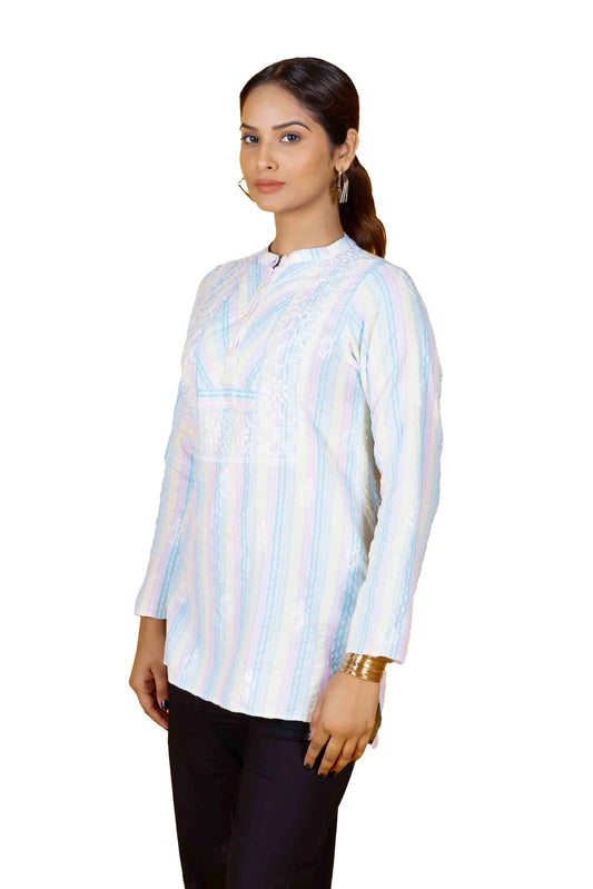 Multi-Color Striped Women's Short Top – 100% Cotton