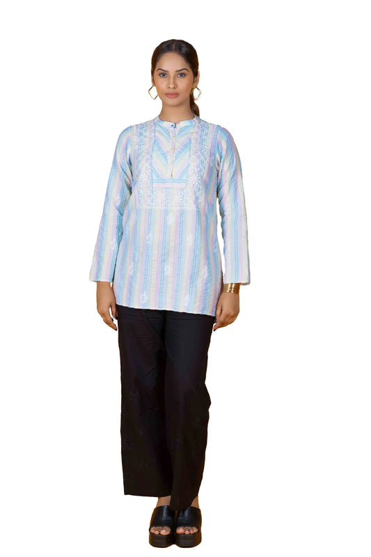 Multi-Color Striped Women's Short Top – 100% Cotton