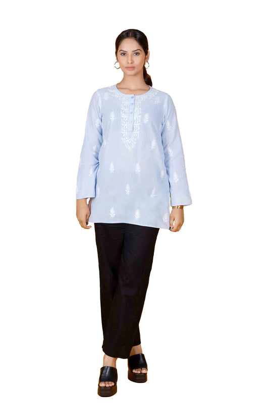 Women’s Short Top – Sea Blue Stripes in Pure Cotton